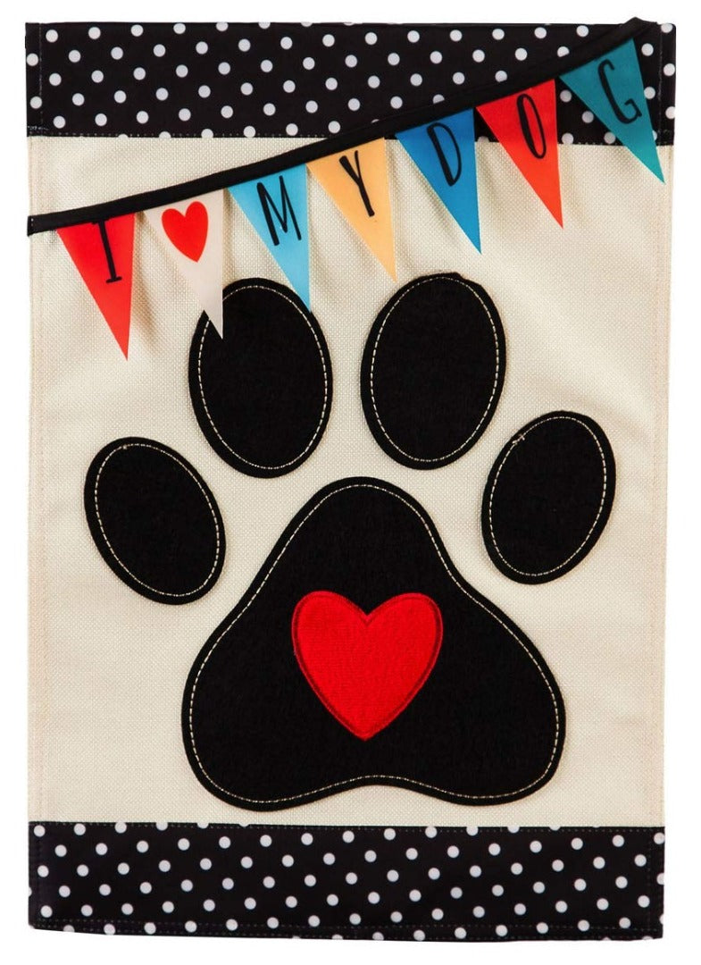 I Love My Dog Garden Flag 2 Sided Paw Print