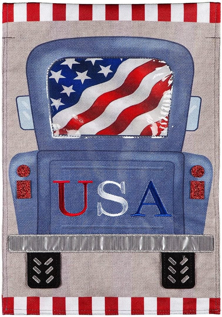 Patriotic Truck Garden Flag 2 Sided Burlap heartlandflags