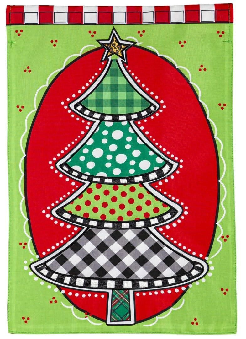 Check and Dots Christmas Tree Garden Flag 2 Sided Applique 169338 Heartland Flags
