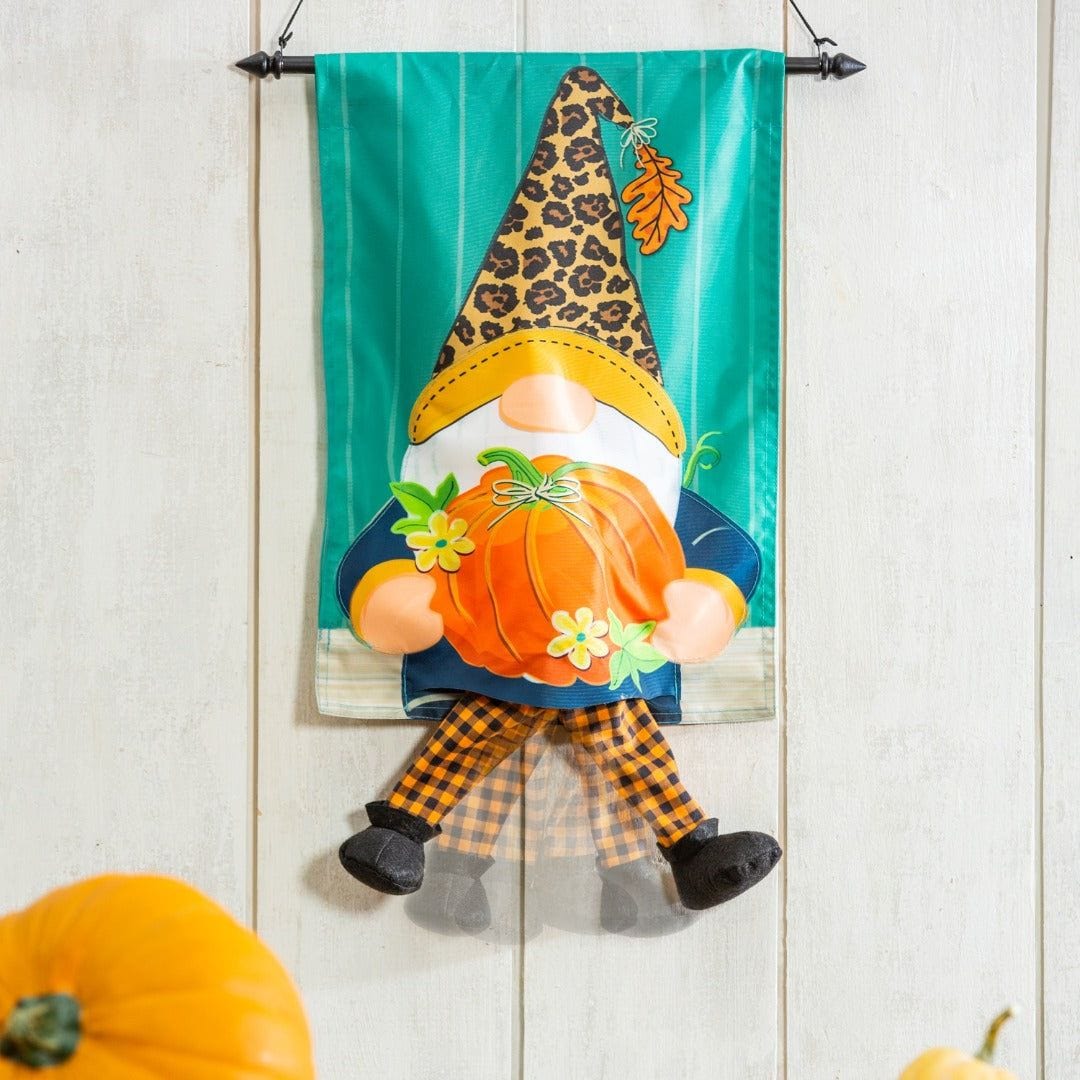 Fall Gnome With Pumpkin Kickin Garden Flag 2 Sided Applique 169275MBL Heartland Flags