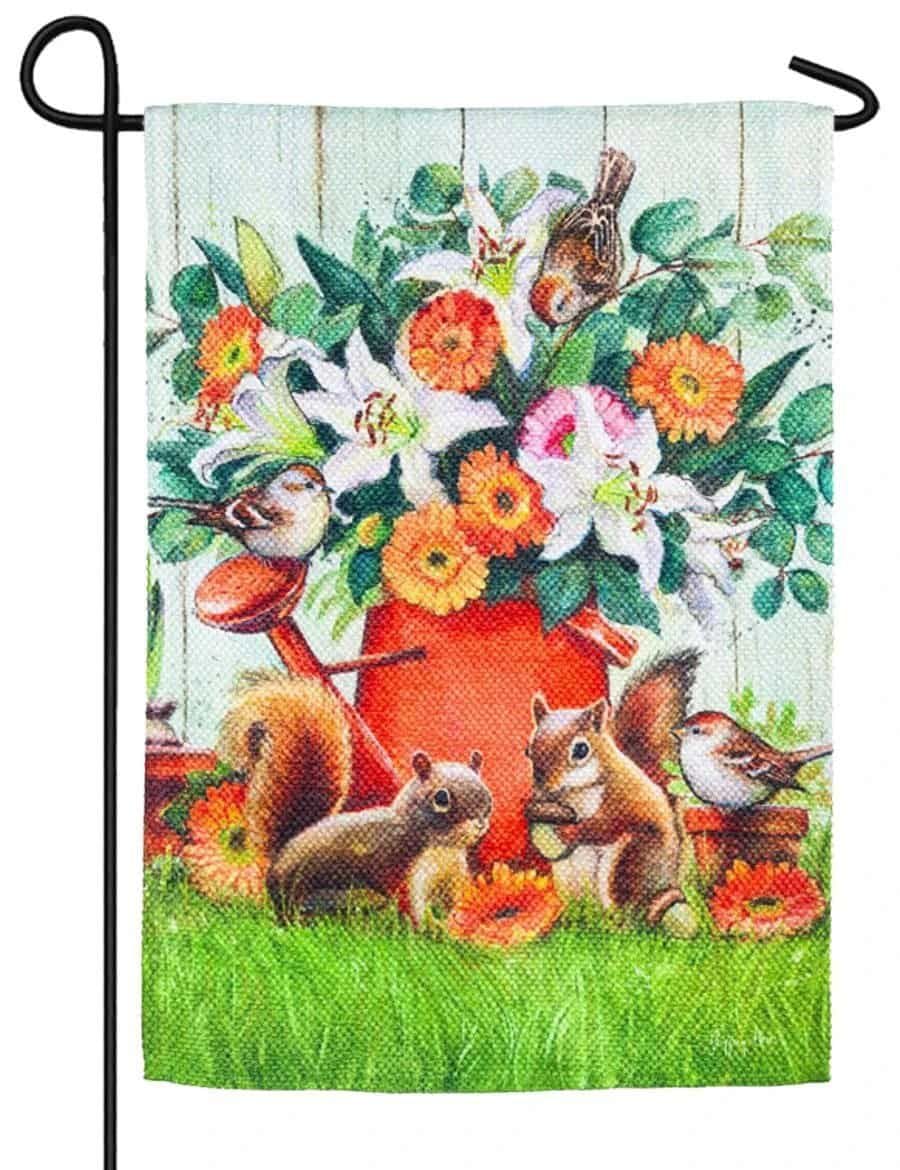Watering Can Critters Garden Flag 2 Sided Textured 14ES9693 Heartland Flags