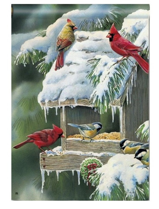 Bird Feeder Winter Garden Flag 2 Sided Cardinal