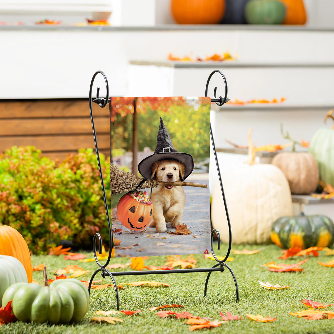 Goldens with Broom 2 Sided Halloween Garden Flag