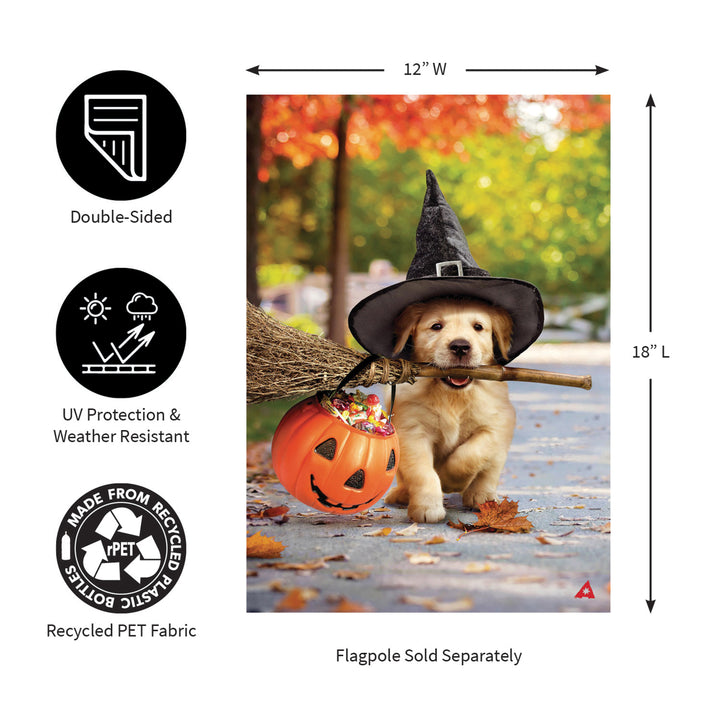 Goldens with Broom 2 Sided Halloween Garden Flag