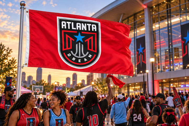 Front and back of red Atlanta Dream 3x5 flag with centered team crest and two metal grommets