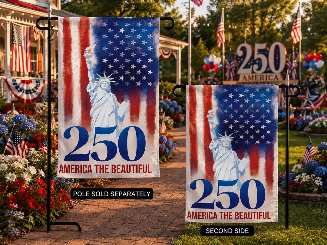 250th Anniversary America The Beautiful Garden Flag - both sides displayed in patriotic yard setting