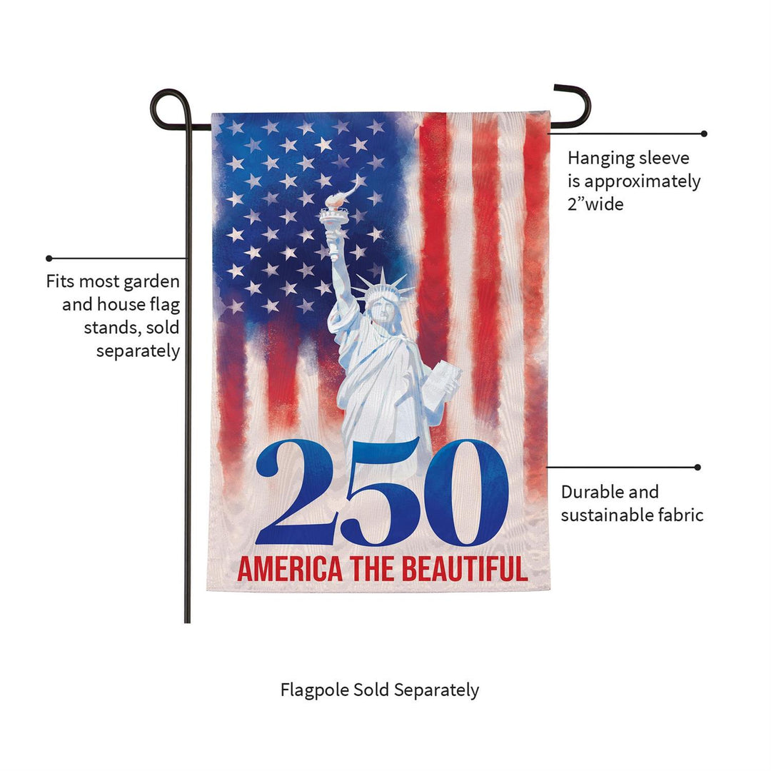 250th Anniversary America The Beautiful Garden Flag - hanging sleeve and stand details