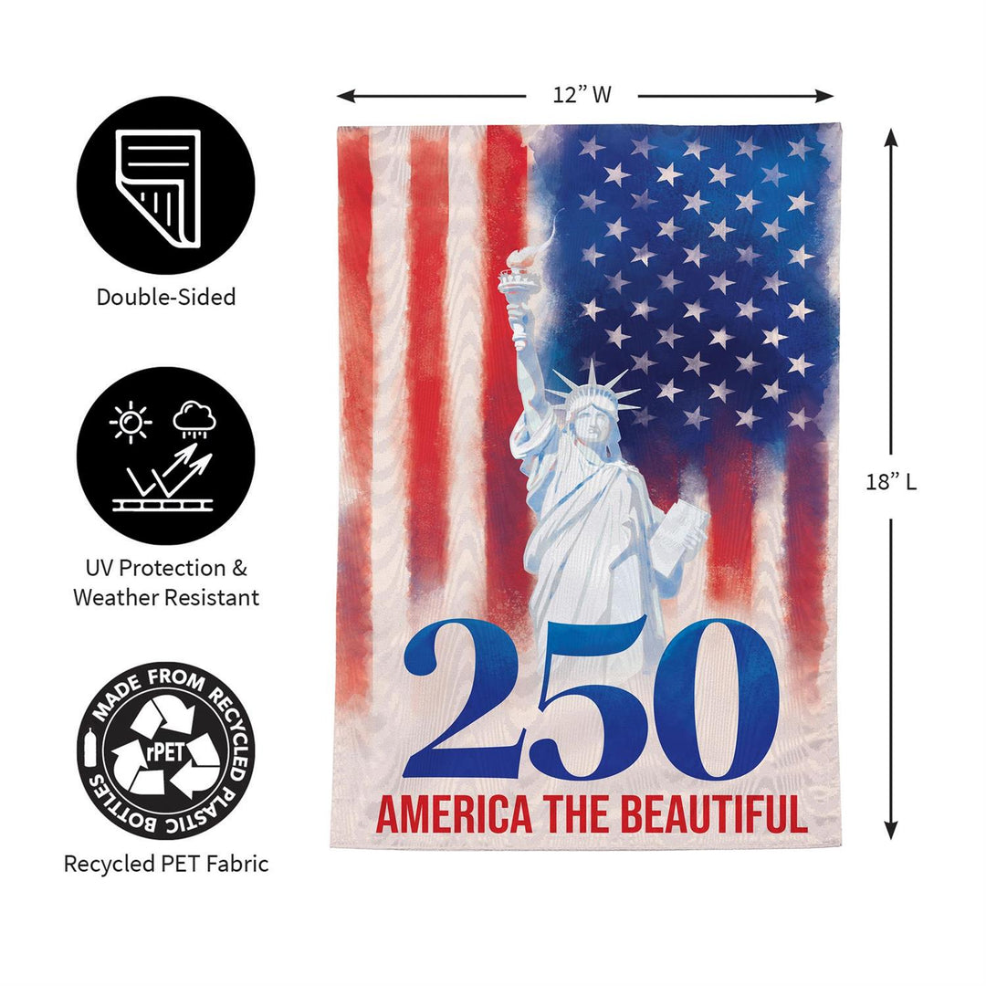 250th Anniversary America The Beautiful Garden Flag - product features double-sided UV resistant recycled fabric