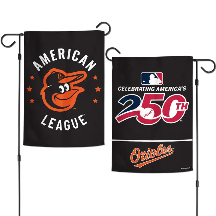 Front and back of Orioles America's 250th garden flag with orange bird logo and patriotic MLB anniversary artwork