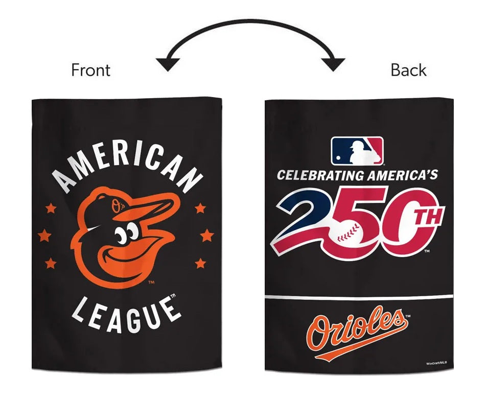 Baltimore Orioles garden flag displayed on a lawn with America's 250th reverse-side inset; pole sold separately