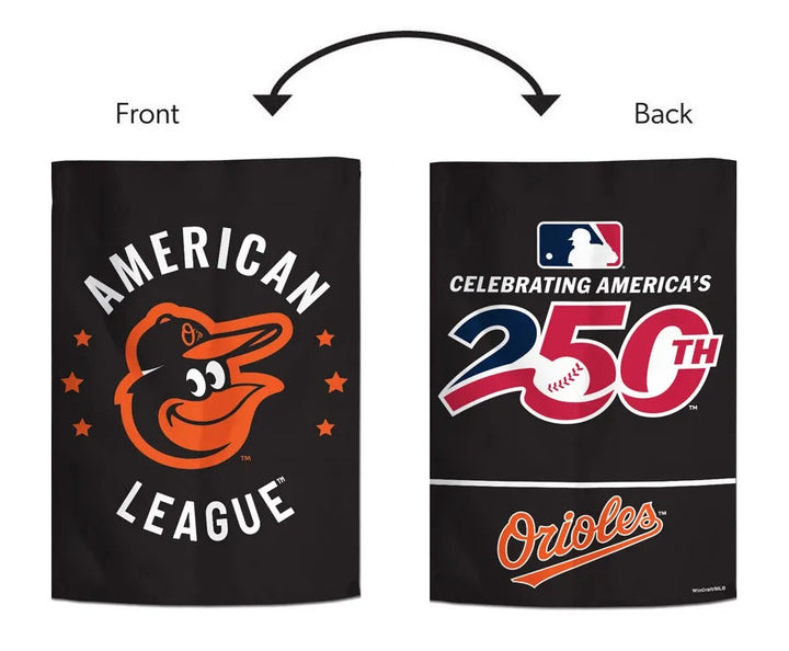 Baltimore Orioles garden flag displayed on a lawn with America's 250th reverse-side inset; pole sold separately