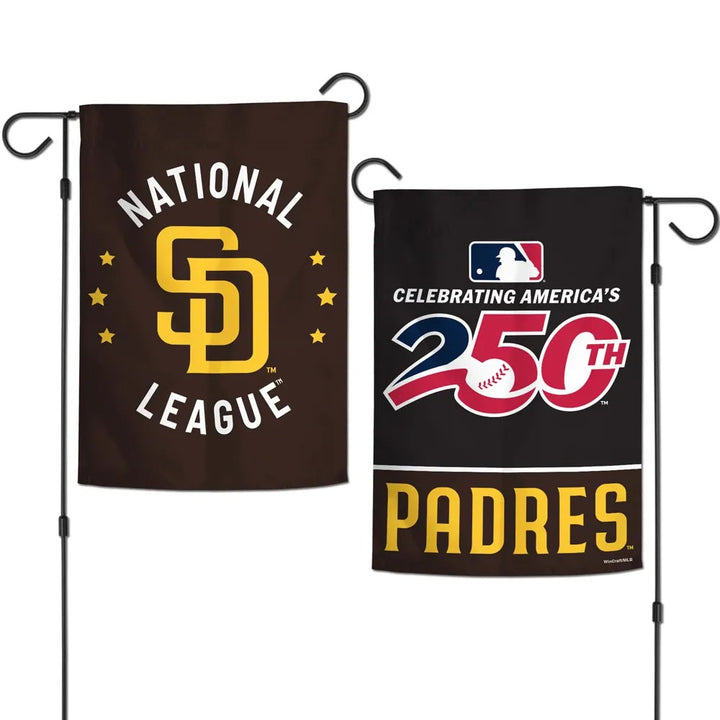 Front and back of Padres America's 250th garden flag with National League logo and patriotic MLB celebration artwork