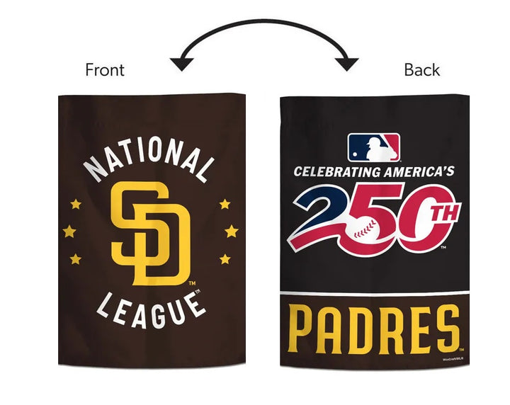 San Diego Padres garden flag displayed on a lawn with America's 250th reverse-side inset; pole sold separately