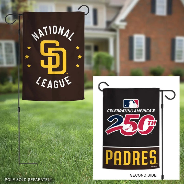 San Diego Padres garden flag showing gold SD National League front and America's 250th celebration reverse on stands