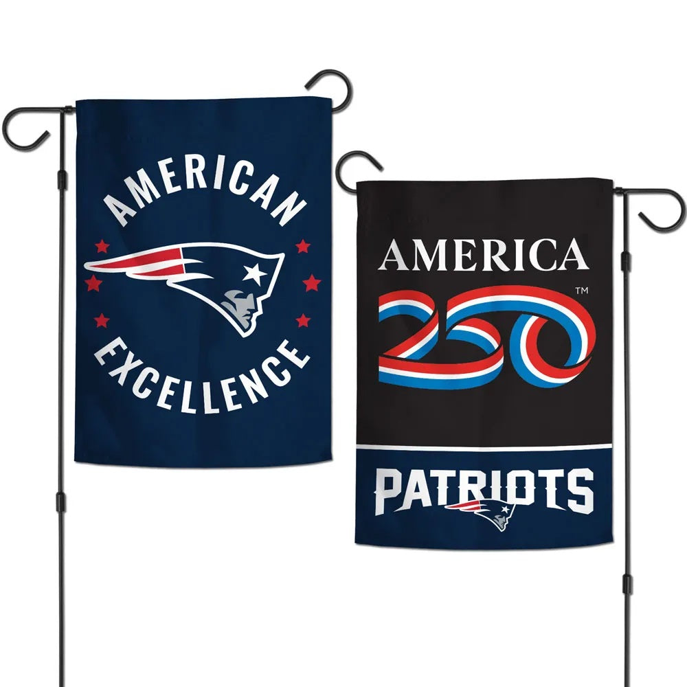 Front and back of Patriots America 250 garden flag with navy team logo design and red white and blue 250 graphic