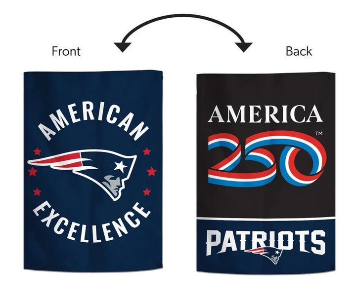 Patriots American Excellence garden flag displayed on a lawn with America 250 reverse-side inset; pole sold separately