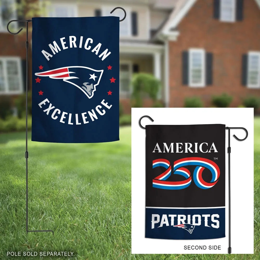 New England Patriots garden flag showing American Excellence front and America 250 reverse on garden stands