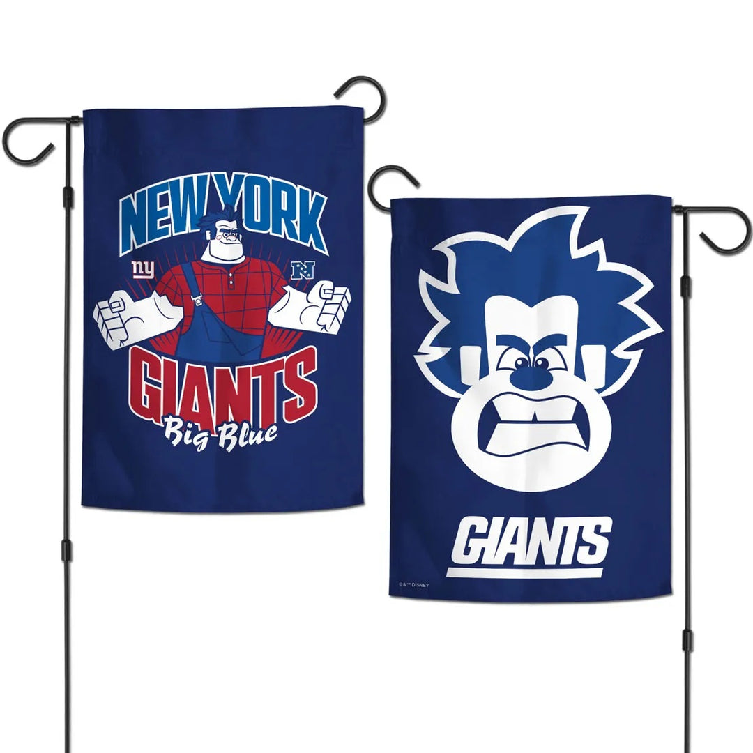 New York Giants Wreck-It Ralph garden flag showing blue front and reverse designs on garden stands