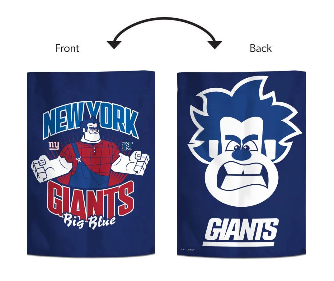 Front and back of Giants Wreck-It Ralph garden flag with Big Blue lettering and oversized Ralph face graphic