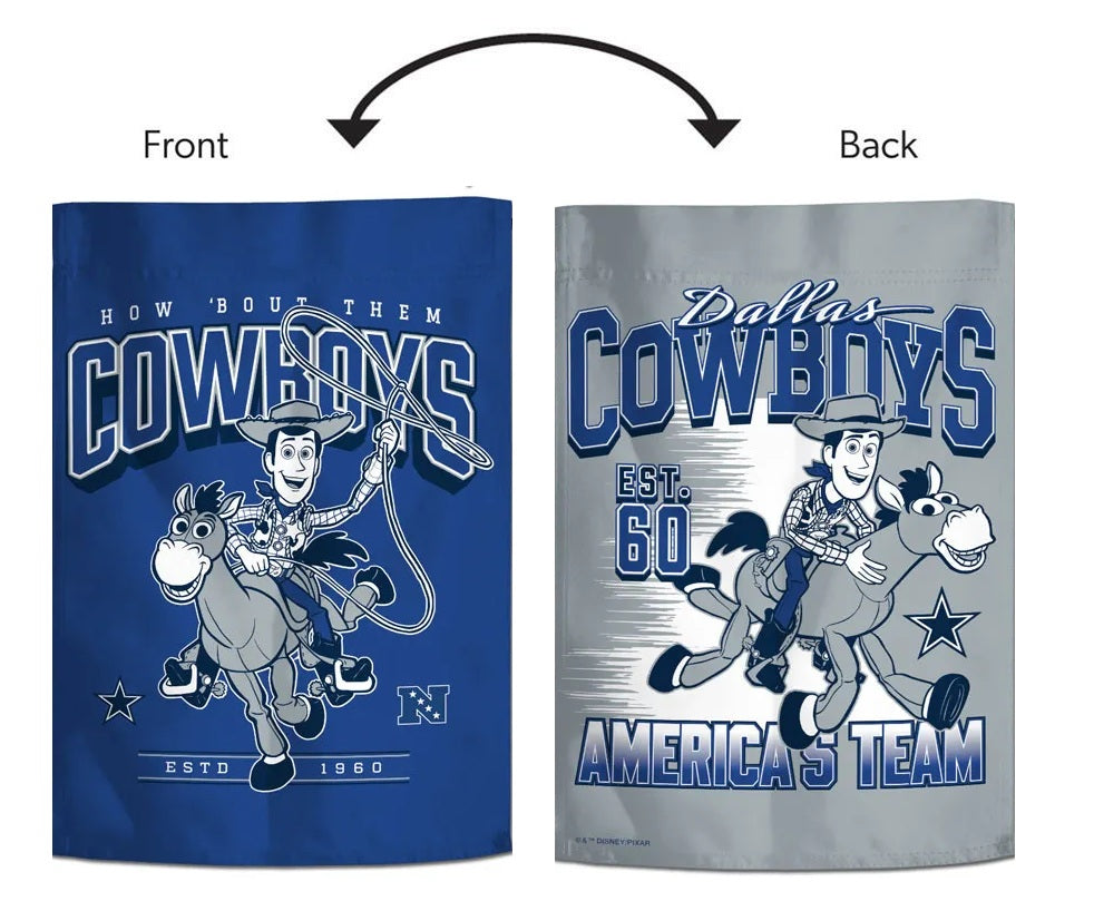 Front and back of Dallas Cowboys Toy Story garden flag with Woody, Bullseye, and America's Team lettering