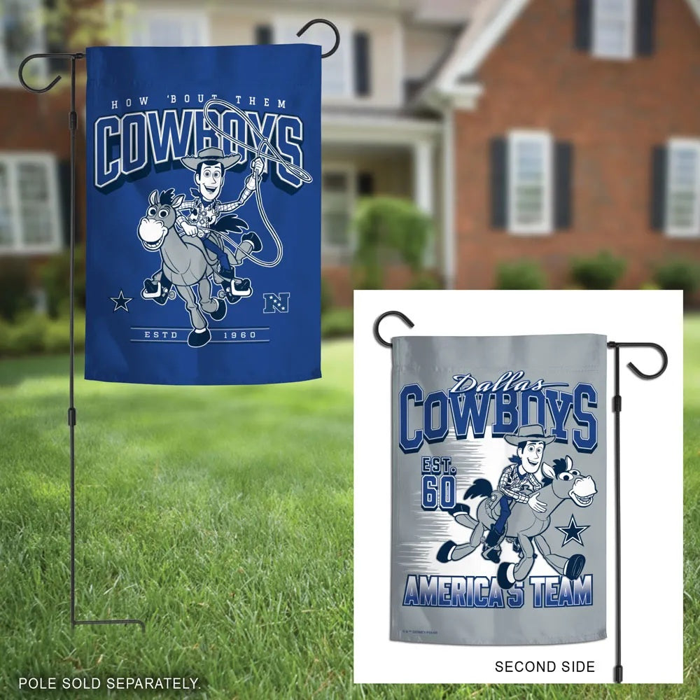 Dallas Cowboys Woody and Bullseye garden flag displayed outdoors with reverse-side inset; pole sold separately