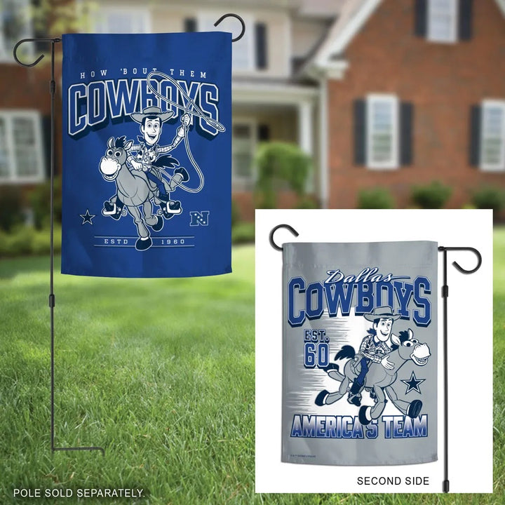 Dallas Cowboys Woody and Bullseye garden flag displayed outdoors with reverse-side inset; pole sold separately