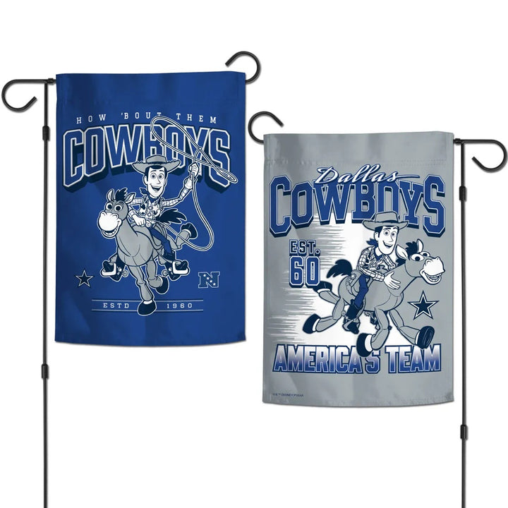 Dallas Cowboys Woody and Bullseye garden flag showing blue front and silver-gray reverse on stands
