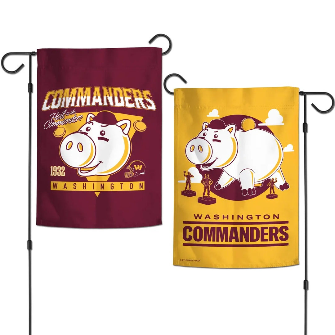 Washington Commanders Hamm garden flag showing burgundy front and gold reverse on garden stands
