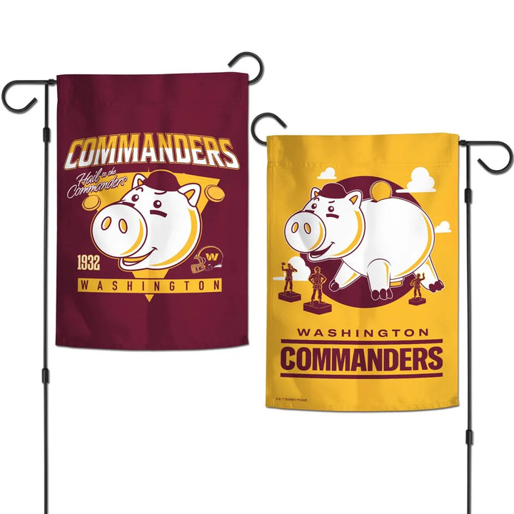 Washington Commanders Hamm garden flag showing burgundy front and gold reverse on garden stands