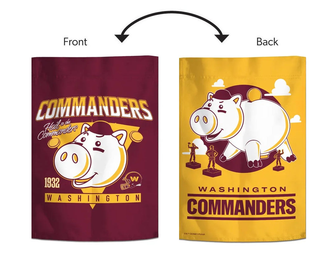 Front and back of Washington Commanders Toy Story Hamm garden flag with Hail to the Commanders lettering