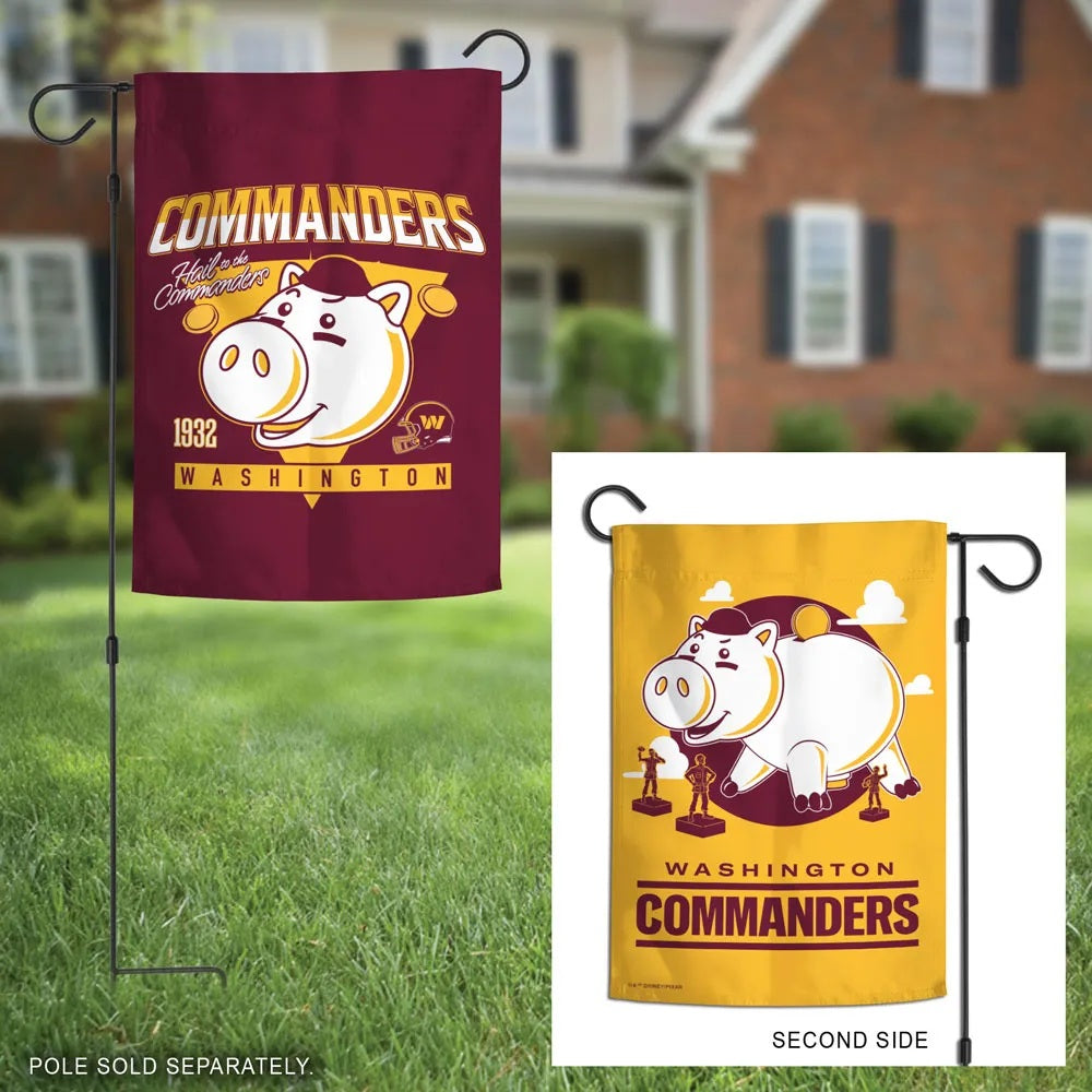 Washington Commanders Hamm garden flag displayed outdoors with gold reverse-side inset; pole sold separately