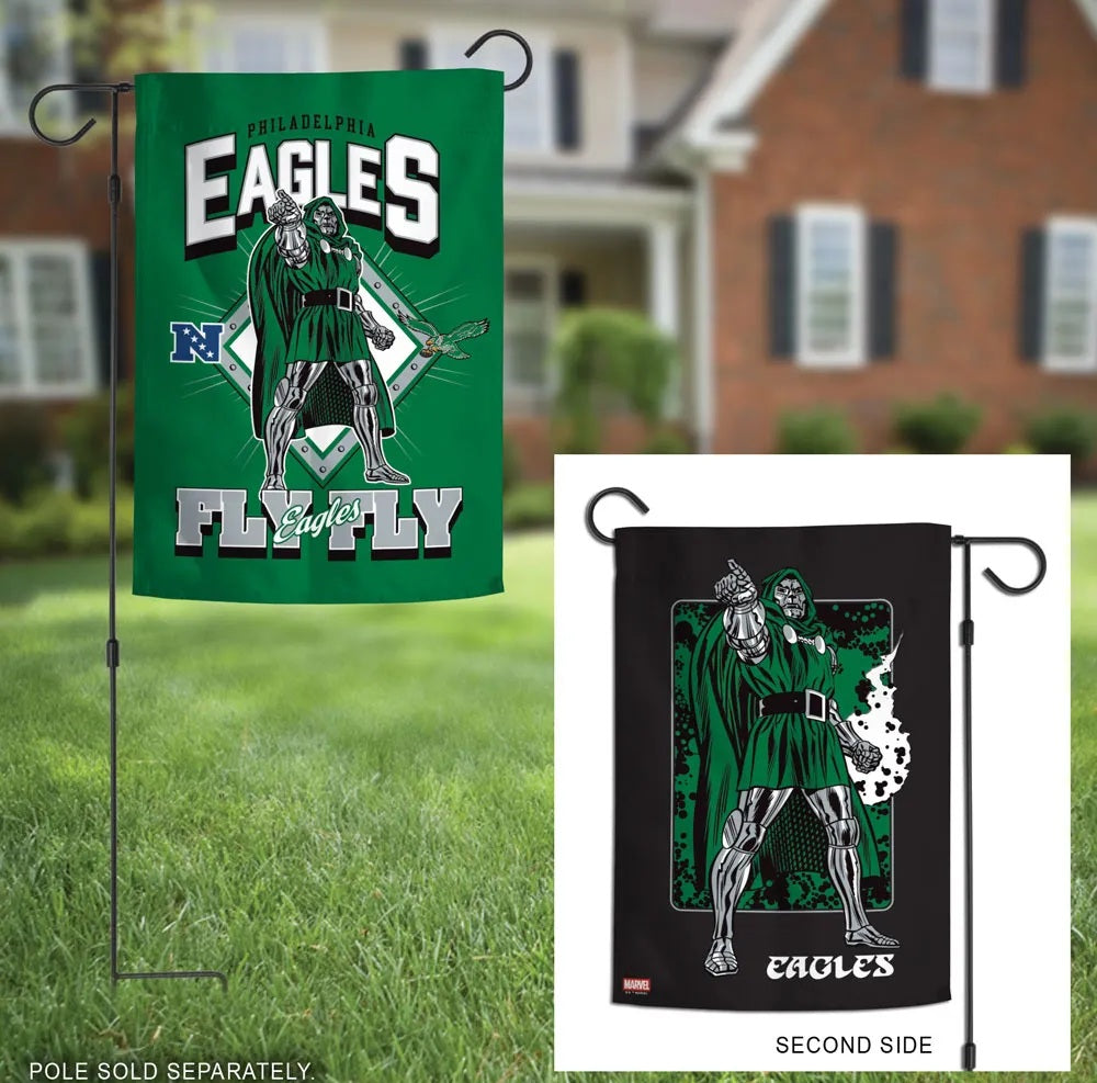 Philadelphia Eagles Doctor Doom garden flag displayed outdoors with reverse-side inset; pole sold separately