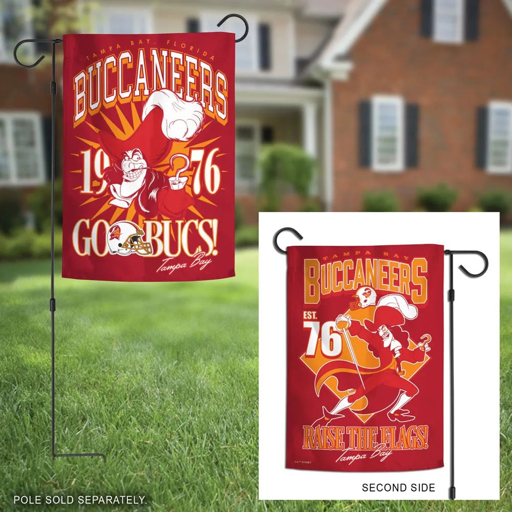 Buccaneers Captain Hook garden flag displayed beside a walkway with reverse-side inset; pole sold separately