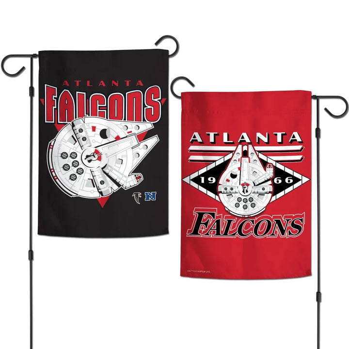 Atlanta Falcons Millennium Falcon garden flag showing black front and red reverse on garden stands