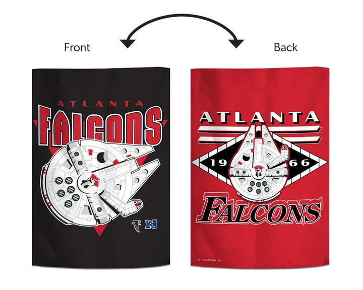 Front and back of Atlanta Falcons Star Wars garden flag with Millennium Falcon spacecraft and 1966 graphics