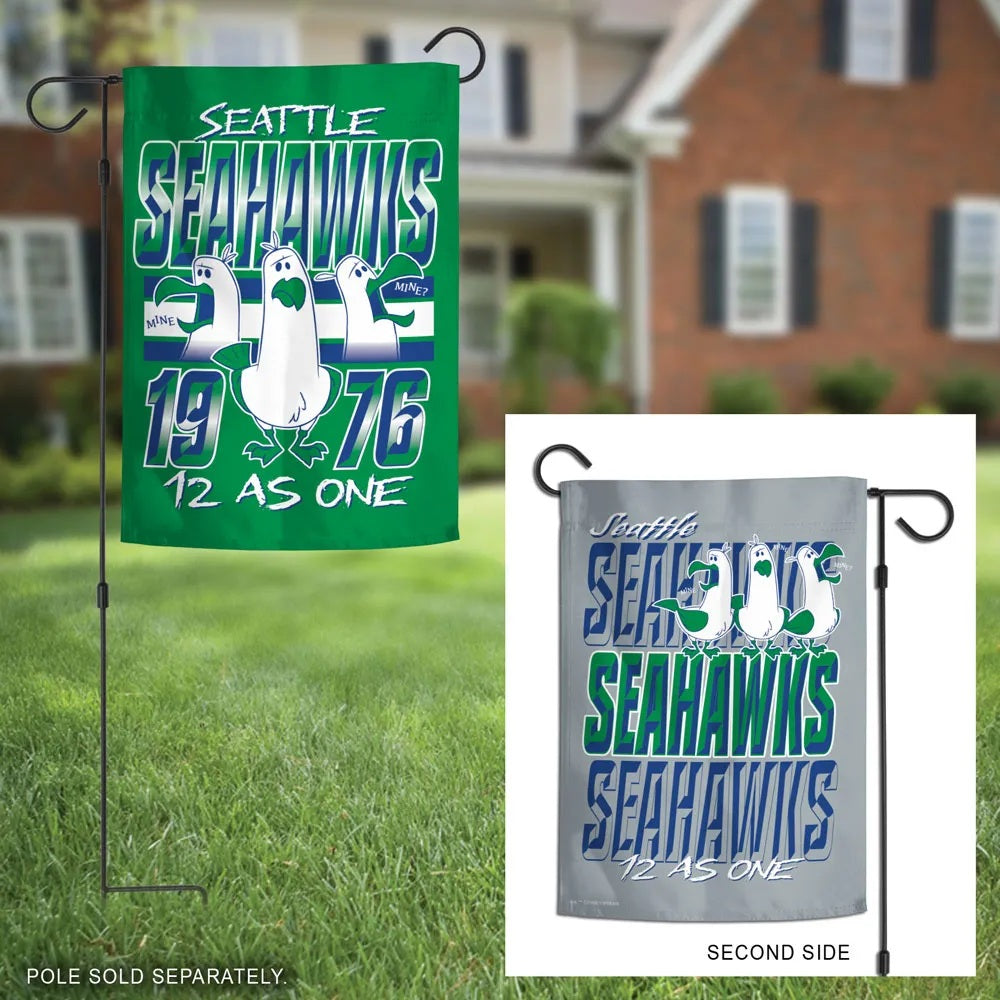 Seattle Seahawks Finding Nemo seagulls garden flag displayed outdoors with reverse-side inset; pole sold separately