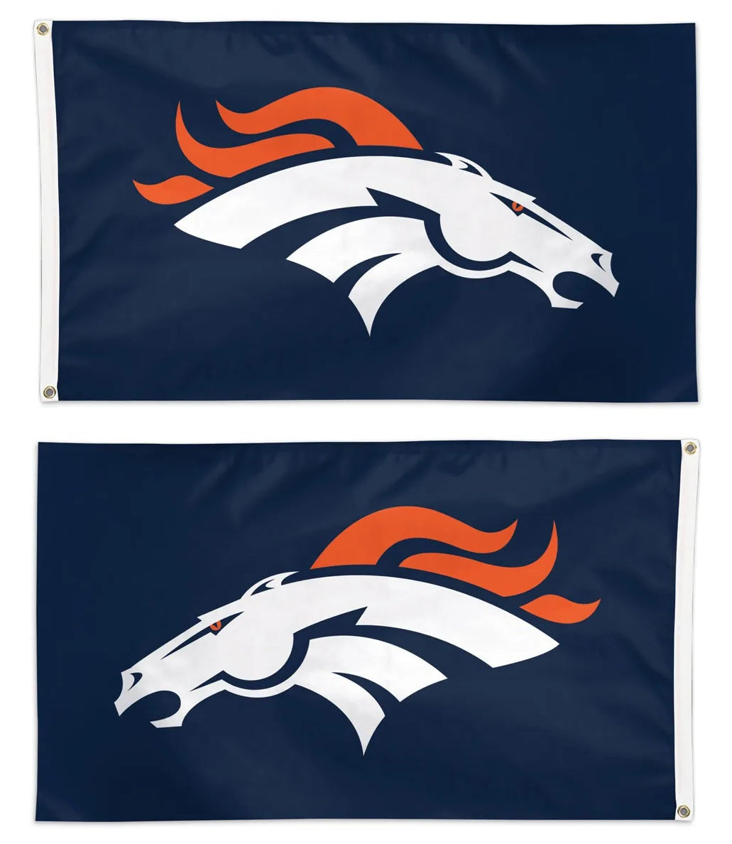 Denver Broncos navy 3x5 flag with white horse-head logo and orange mane, showing mirrored reverse design