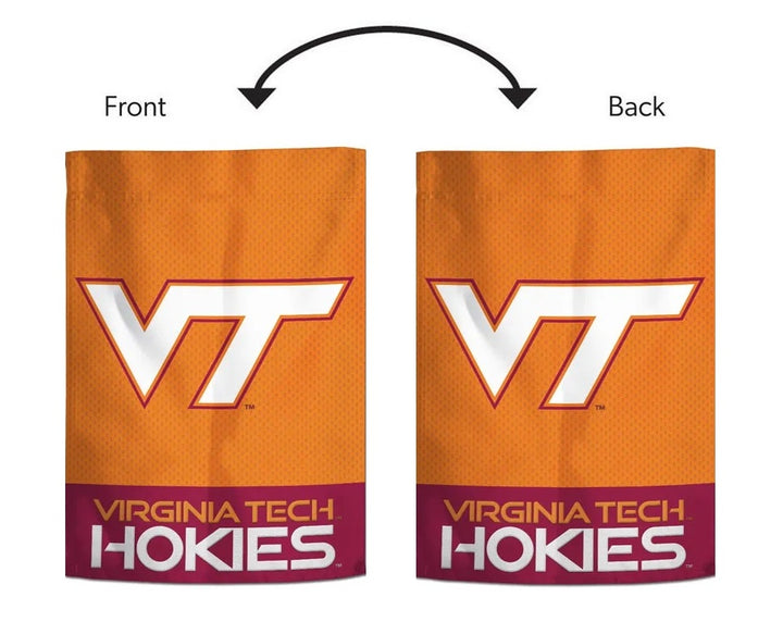 Front and back views of Virginia Tech Hokies garden flag with correctly facing VT logo and lettering