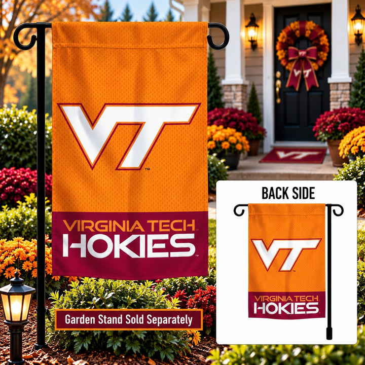 Virginia Tech Hokies garden flag displayed among flowers with back-side inset; garden stand sold separately