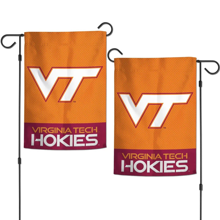 Virginia Tech Hokies orange and maroon garden flag showing white VT logo and team lettering on both sides