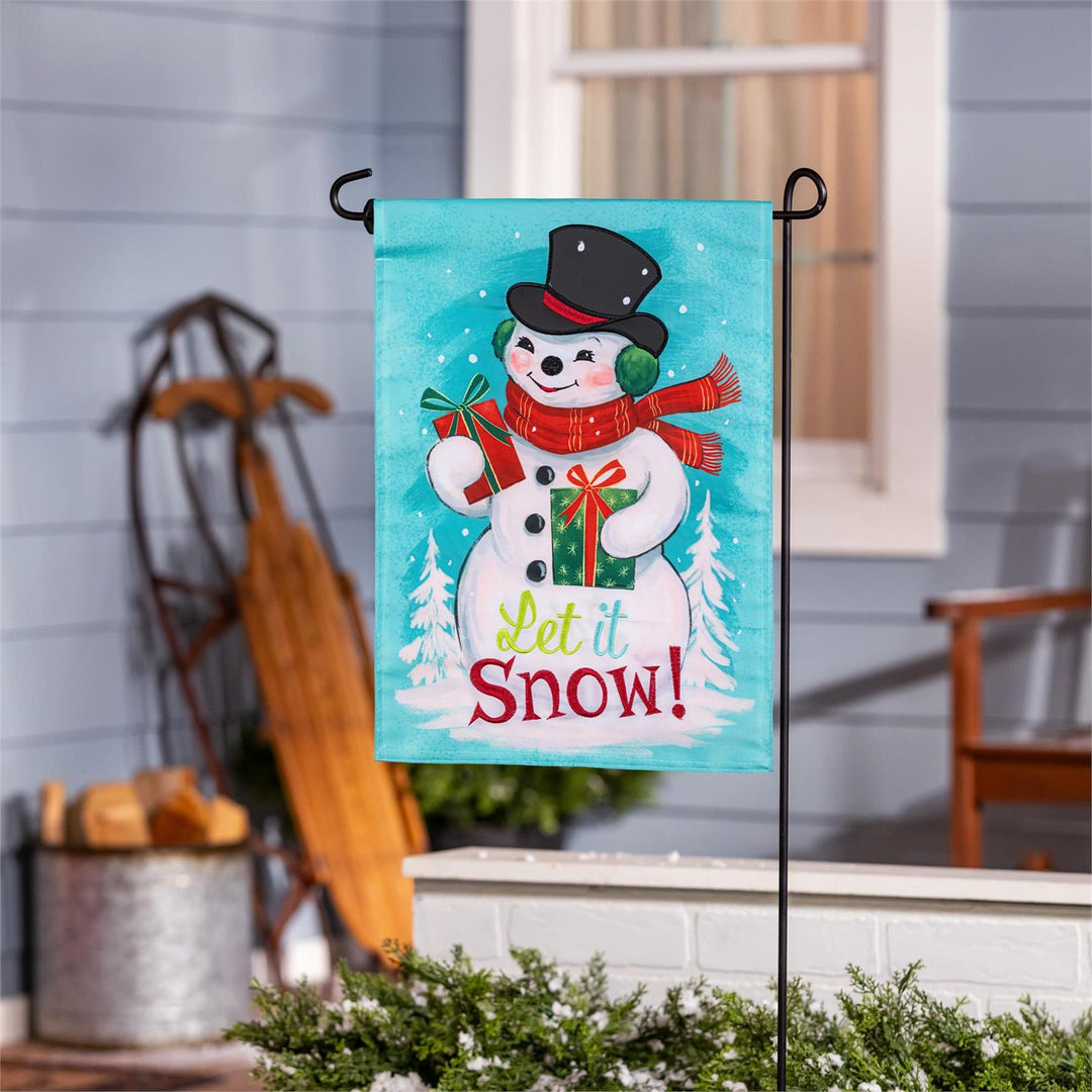 Heartfelt Cheer snowman garden flag with feature callouts