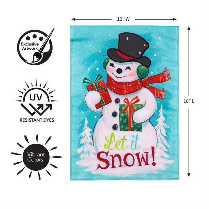 Snowman garden flag dimensions and UV-resistant dye features