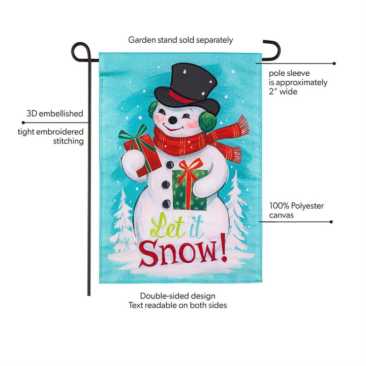 Close-up of embroidered Let it Snow lettering