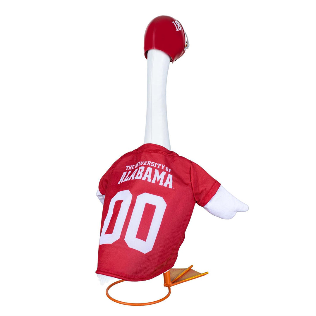Rear angled view of Alabama goose outfit showing University of Alabama lettering and number 00; goose not included