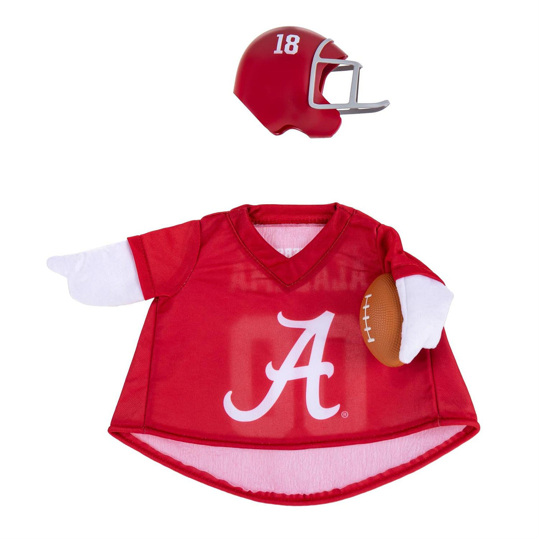 Back of Alabama goose outfit jersey with University of Alabama lettering and number 00, plus crimson helmet