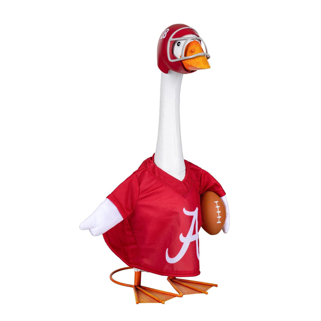 Side view of Alabama crimson jersey goose outfit with football accent and helmet; goose not included