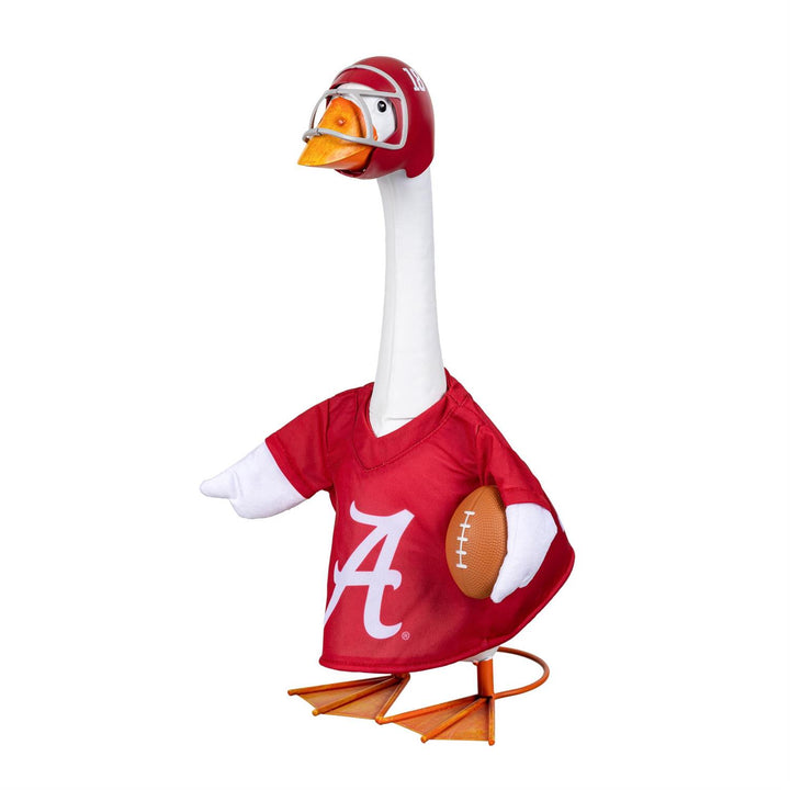 Front angled view of Alabama football outfit on a decorative goose with crimson helmet; goose not included