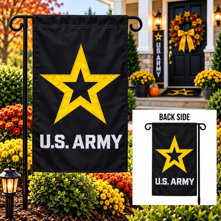 U.S. Army garden flag displayed among flowers with inset showing correctly readable back side