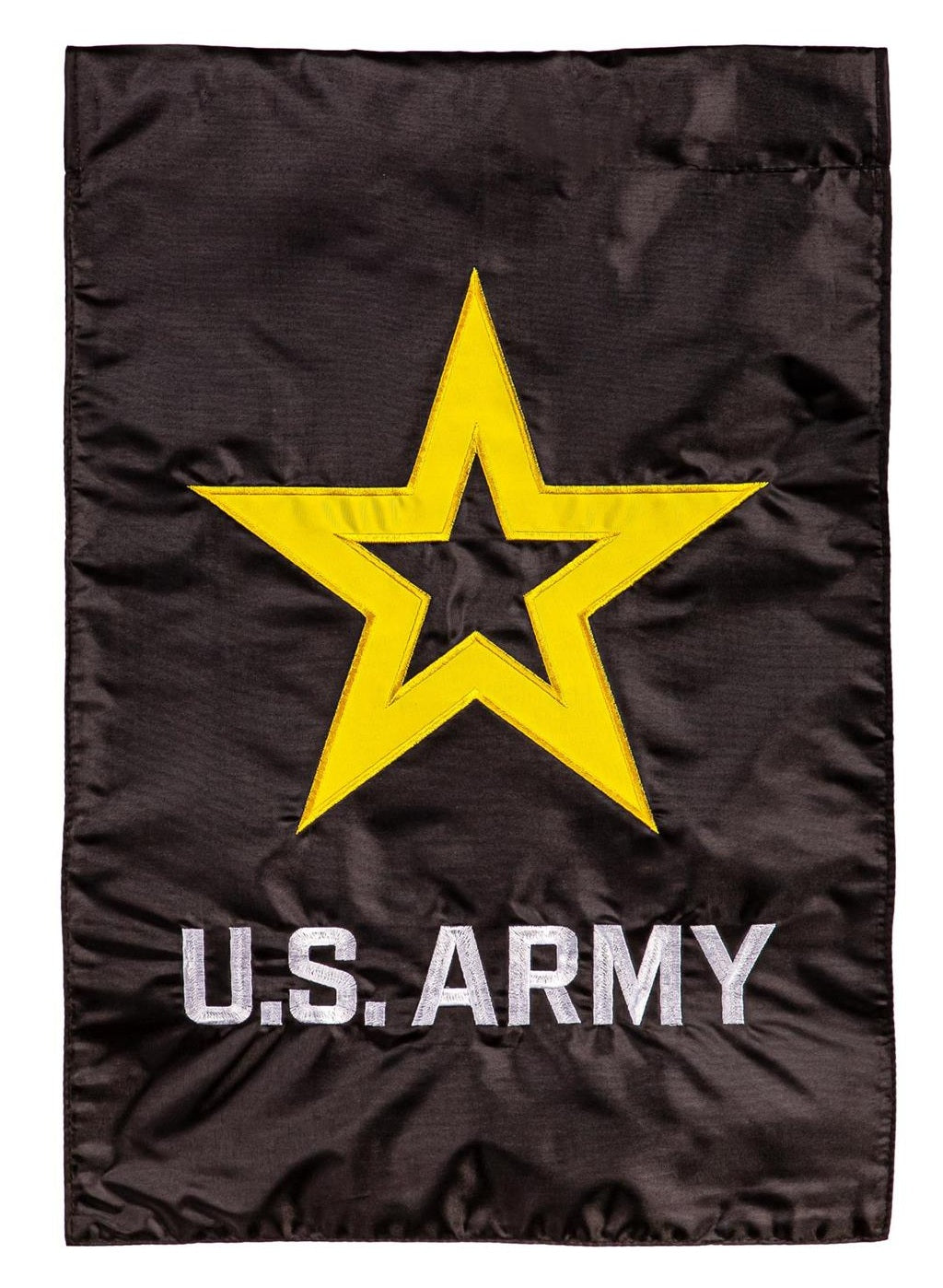 Black U.S. Army applique garden flag with yellow outlined star and white Army lettering