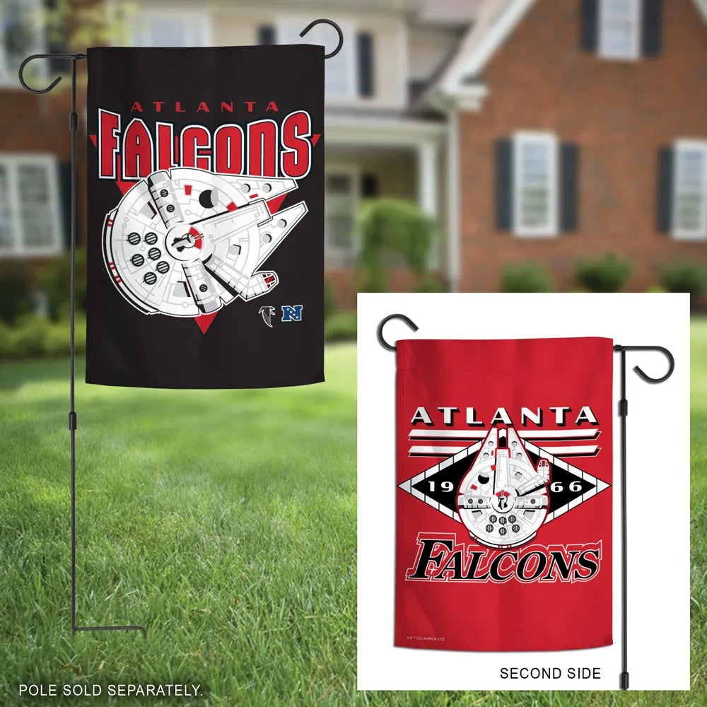 Atlanta Falcons Millennium Falcon garden flag displayed outdoors with red reverse-side inset; pole sold separately